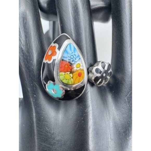 Vintage Millefiori Murano Glass & Enamel Toi Et Moi Sterling Silver Ring Size 8 - Picture 1 of 9